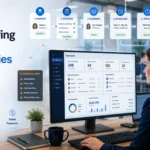 Staffing agency operations manager using connected software to manage candidates, screening, placements, scheduling, payroll, and invoicing.