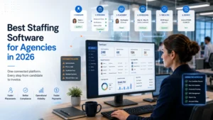 Staffing agency operations manager using connected software to manage candidates, screening, placements, scheduling, payroll, and invoicing.