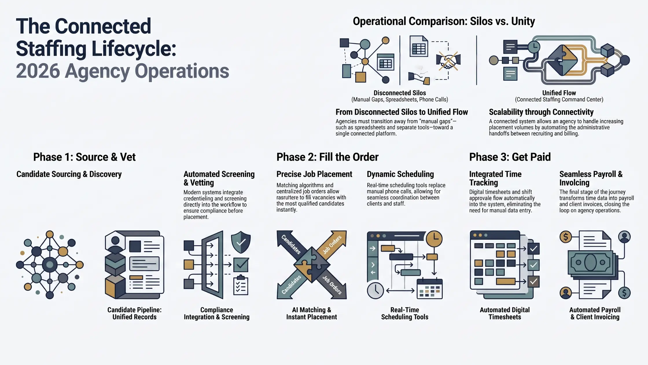 Staffing agency workflow map showing application, screening, placement, scheduling, time and pay, and invoicing, with common manual workflow gaps.